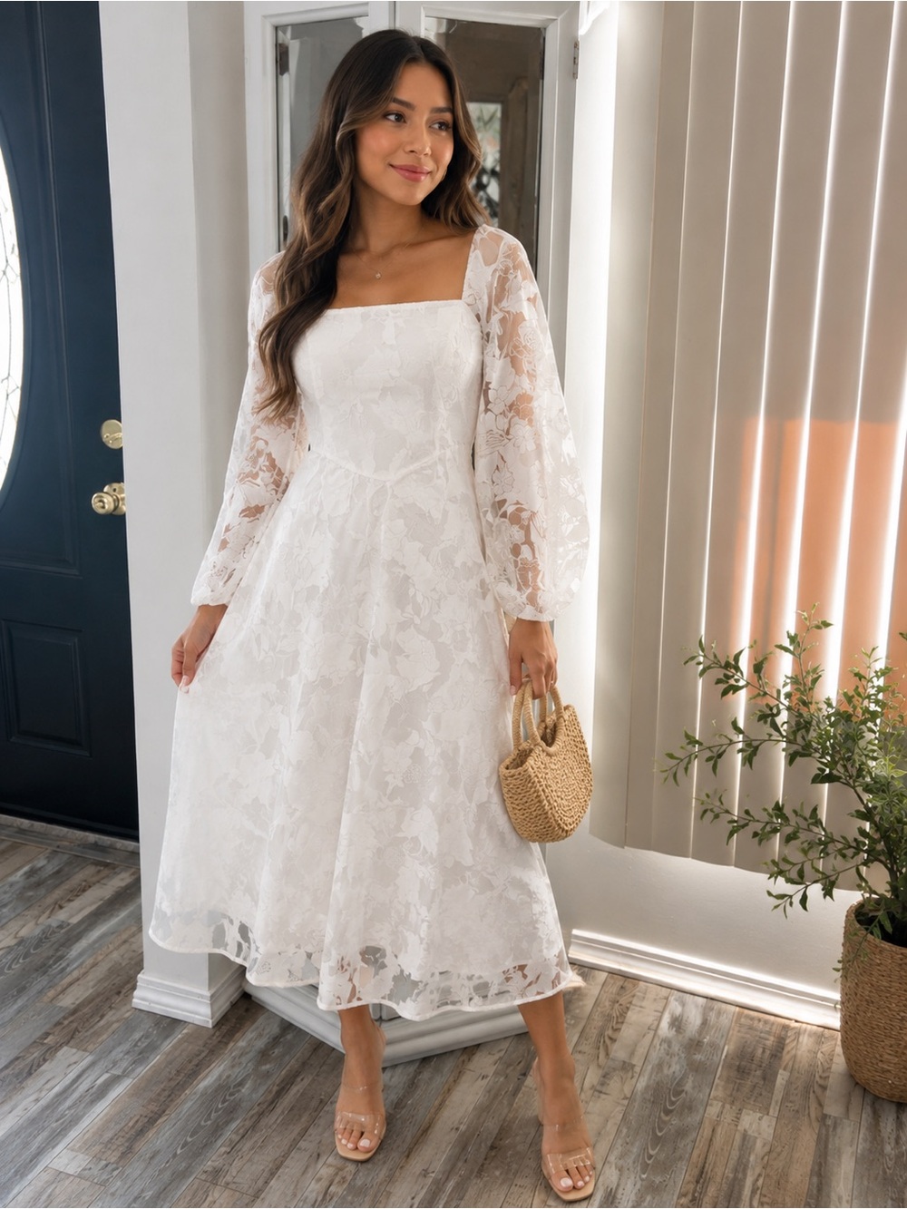 🩷. 1007.  Elegant White Lace Midi Dress with Square Neck
